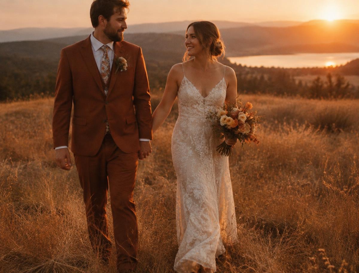 A married couple walking at sunset